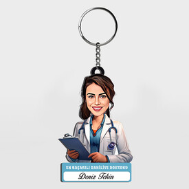 Kadın Dahiliye Doktoruna Hediye Karikatürlü MDF Anahtarlık - Thumbnail