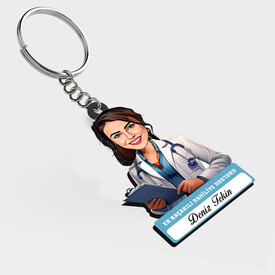 Kadın Dahiliye Doktoruna Hediye Karikatürlü MDF Anahtarlık - Thumbnail