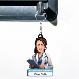 - Kadın Dahiliye Doktoruna Hediye Karikatürlü MDF Anahtarlık