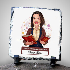  - Kadın Edebiyat Öğretmeni Temalı Karikatürlü Taş