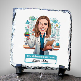  - Kadın Fen Bilimleri Öğretmeni Temalı Karikatürlü Taş