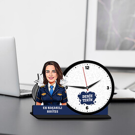  - Kadın Hostes Karikatürlü MDF Masa Saati