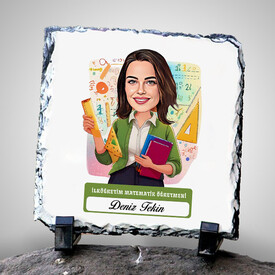  - Kadın İlköğretim Matematik Öğretmeni Temalı Karikatürlü Taş