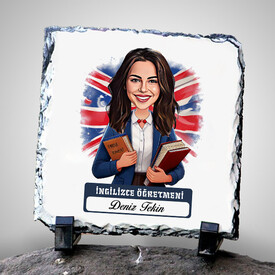  - Kadın İngilizce Öğretmeni Temalı Karikatürlü Taş