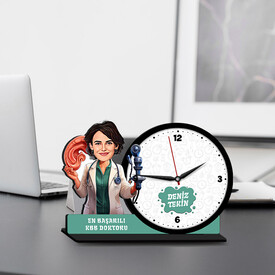  - Kadın KBB Doktoru Karikatürlü MDF Masa Saati