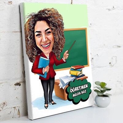  - Kadın Öğretmen İçin Karikatürlü Kanvas Tablo