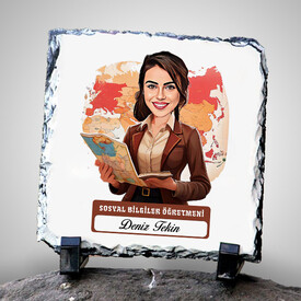  - Kadın Sosyal Bilgiler Öğretmeni Temalı Karikatürlü Taş
