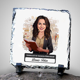  - Kadın Teknoloji Öğretmeni Temalı Karikatürlü Taş