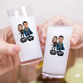 Kahraman Çift Karikatürlü İkili Rakı Bardağı Seti - Thumbnail