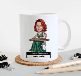 Kanun Sanatçısı Müzisyen Kadın Karikatürlü Kupa Bardak - Thumbnail