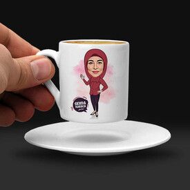 Kapalı Kadına Hediye Karikatürlü Kahve Fincanı - Thumbnail