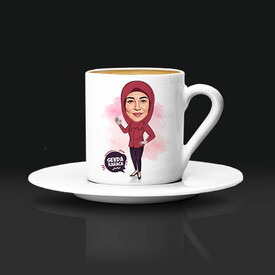 Kapalı Kadına Hediye Karikatürlü Kahve Fincanı - Thumbnail