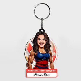  - Karikatürlü - Bayan Vücut Geliştirici İsimli Anahtarlık