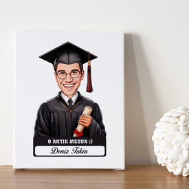 Karikatürlü Diplomalı Erkek Üniversiteli Öğrenci Kanvas Tablo - Thumbnail