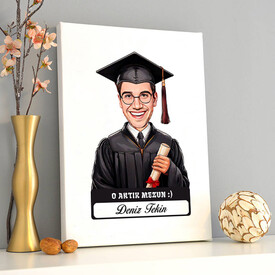  - Karikatürlü Diplomalı Erkek Üniversiteli Öğrenci Kanvas Tablo