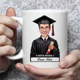 Karikatürlü Diplomalı Erkek Üniversiteli Öğrenci Kupa Bardak - Thumbnail