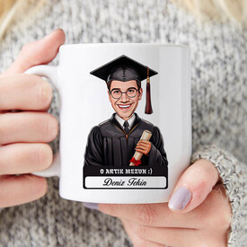  - Karikatürlü Diplomalı Erkek Üniversiteli Öğrenci Kupa Bardak