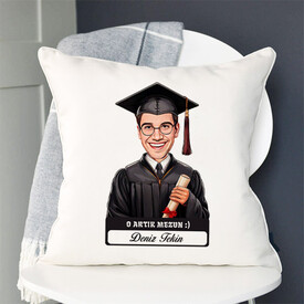 Karikatürlü Diplomalı Erkek Üniversiteli Öğrenci Yastık - Thumbnail