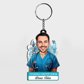  - Karikatürlü - Erkek Anestezi Uzmanı İsimli Anahtarlık