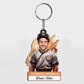  - Karikatürlü - Erkek Beyzbolcu İsimli Anahtarlık