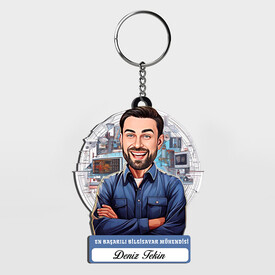  - Karikatürlü - Erkek Bilgisayar Mühendisi İsimli Anahtarlık