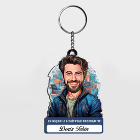  - Karikatürlü - Erkek Bilgisayar Programcısı İsimli Anahtarlık