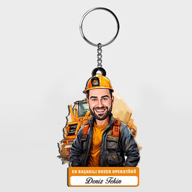  - Karikatürlü - Erkek Dozer Operatörü İsimli Anahtarlık