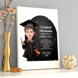 - Karikatürlü Erkek İlkokul Öğrencisi Mezuniyet Kanvas Tablo