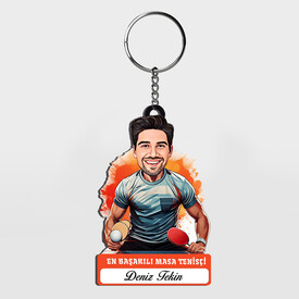  - Karikatürlü - Erkek Masa Tenisçisi İsimli Anahtarlık