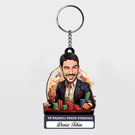  - Karikatürlü - Erkek Poker Oyuncusu İsimli Anahtarlık