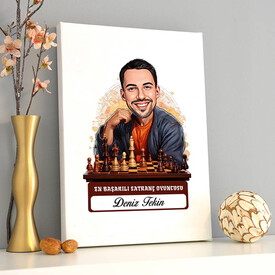 Karikatürlü Erkek Satranç Oyuncusu Kanvas Tablo - Thumbnail