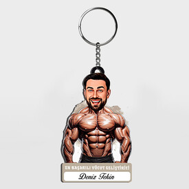  - Karikatürlü - Erkek Vücut Geliştirici İsimli Anahtarlık