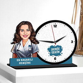  - Karikatürlü Hemşireye Hediye Ahşap MDF Masa Saati