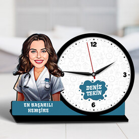 Karikatürlü Hemşireye Hediye Ahşap MDF Masa Saati - Thumbnail