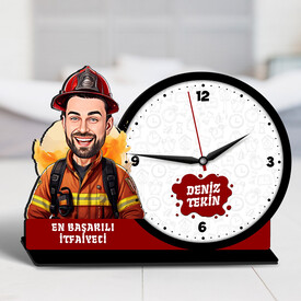  - Karikatürlü İtfaiyeciye Hediye Ahşap MDF Masa Saati