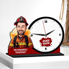 Karikatürlü İtfaiyeciye Hediye Ahşap MDF Masa Saati - Thumbnail
