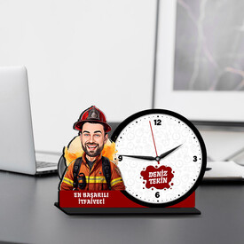 Karikatürlü İtfaiyeciye Hediye Ahşap MDF Masa Saati - Thumbnail