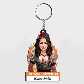  - Karikatürlü - Kadın Beyzbolcu İsimli Anahtarlık
