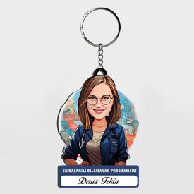  - Karikatürlü - Kadın Bilgisayar Programcısı İsimli Anahtarlık