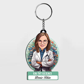  - Karikatürlü - Kadın Eczacı İsimli Anahtarlık