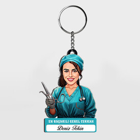  - Karikatürlü - Kadın Genel Cerrah İsimli Anahtarlık