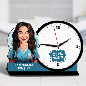 Karikatürlü Kadın Hemşireye Hediye Ahşap MDF Masa Saati - Thumbnail