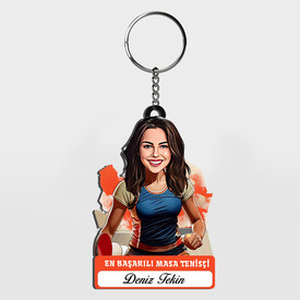  - Karikatürlü - Kadın Masa Tenisçisi İsimli Anahtarlık