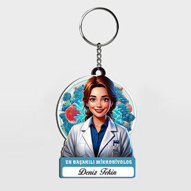  - Karikatürlü - Kadın Mikrobiyolog İsimli Anahtarlık