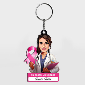  - Karikatürlü - Kadın Onkolog İsimli Anahtarlık