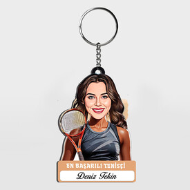  - Karikatürlü - Kadın Tenisçi İsimli Anahtarlık