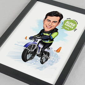 Karikatürlü Karda Bisiklet Keyfi Resim Çerçevesi - Thumbnail