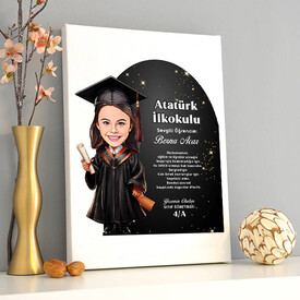  - Karikatürlü Kız İlkokul Öğrencisi Mezuniyet Kanvas Tablo