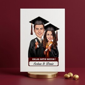  - Karikatürlü Üniversiteli Erkek ve Kız Arkadaş Mezuniyet Kanvas Tablo