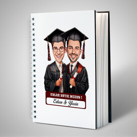Karikatürlü Üniversiteli İki Erkek Arkadaş Mezuniyet Defter - Thumbnail